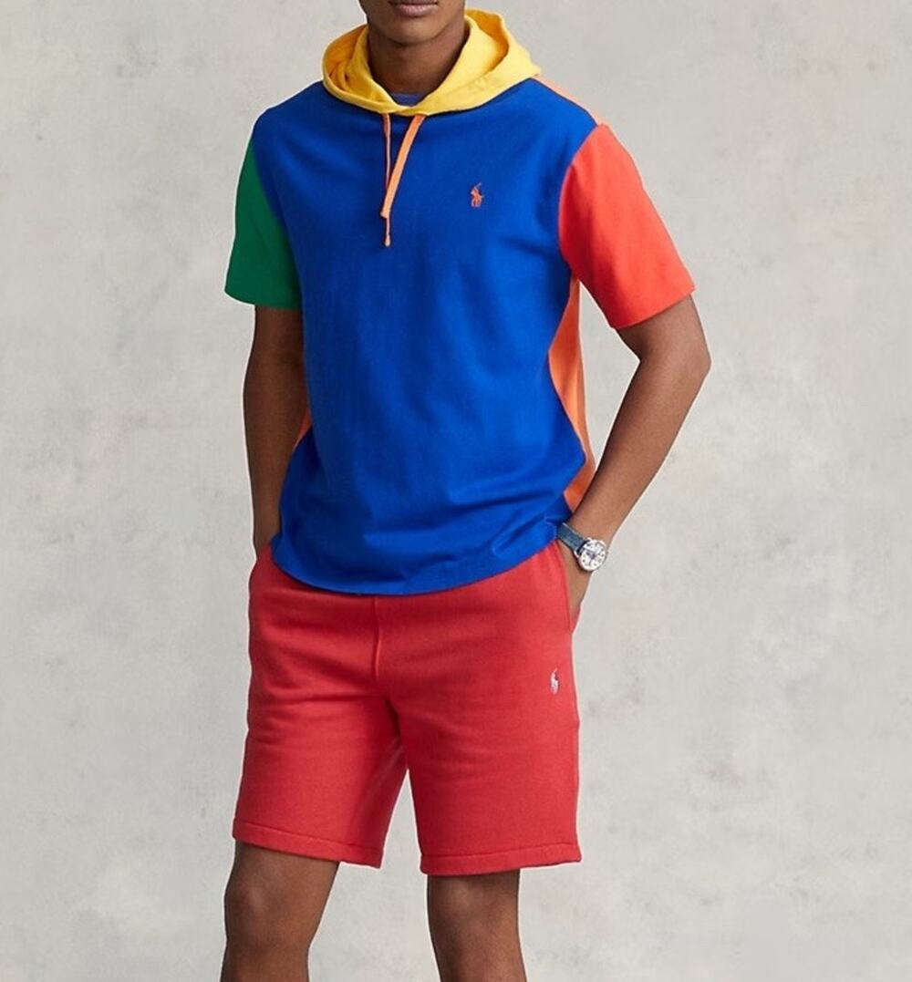 Polo Ralph Lauren Blue Yellow Green Orange Color Block Short Sleeve Hoodie Sz M